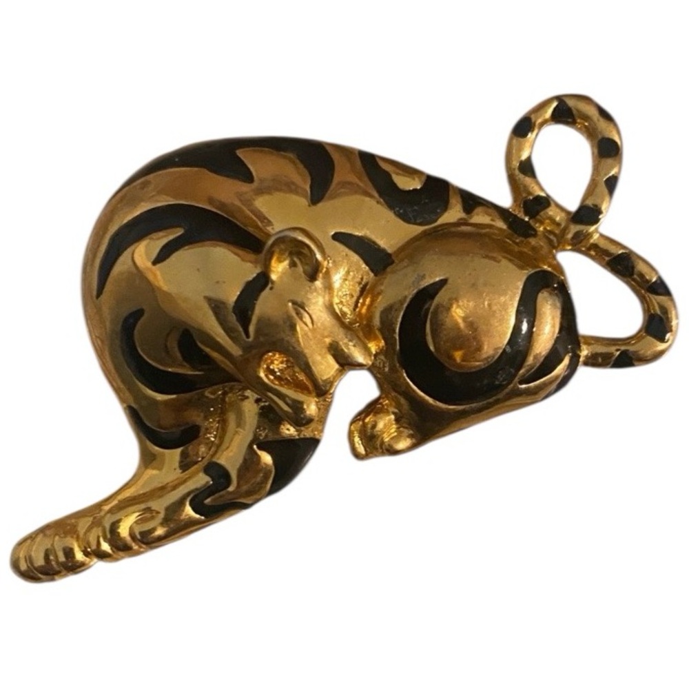Vintage gold-tone and black enamel crouching tiger brooch